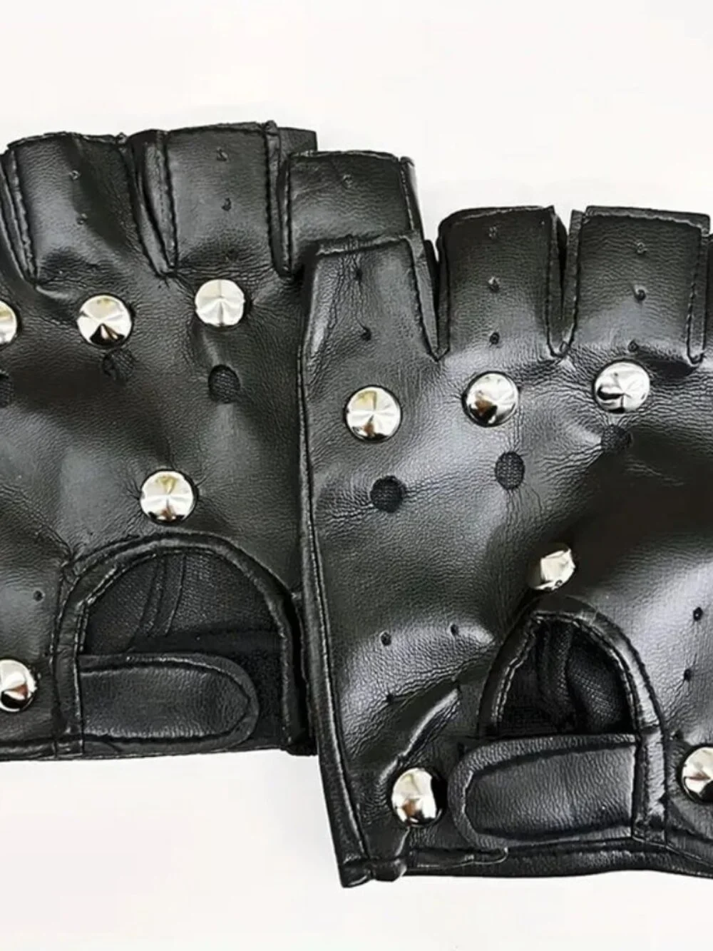 Bad to the Bone Punk Rock Studded Fingerless Black Faux Leather Gloves Costume